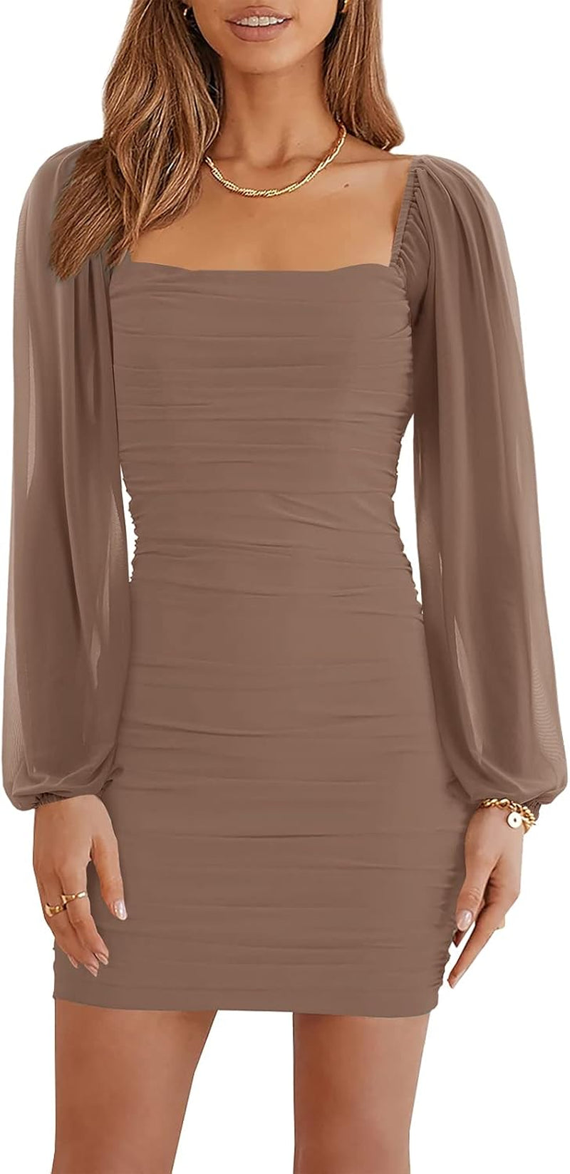 Women's Mesh Long Sleeve Ruched Dress