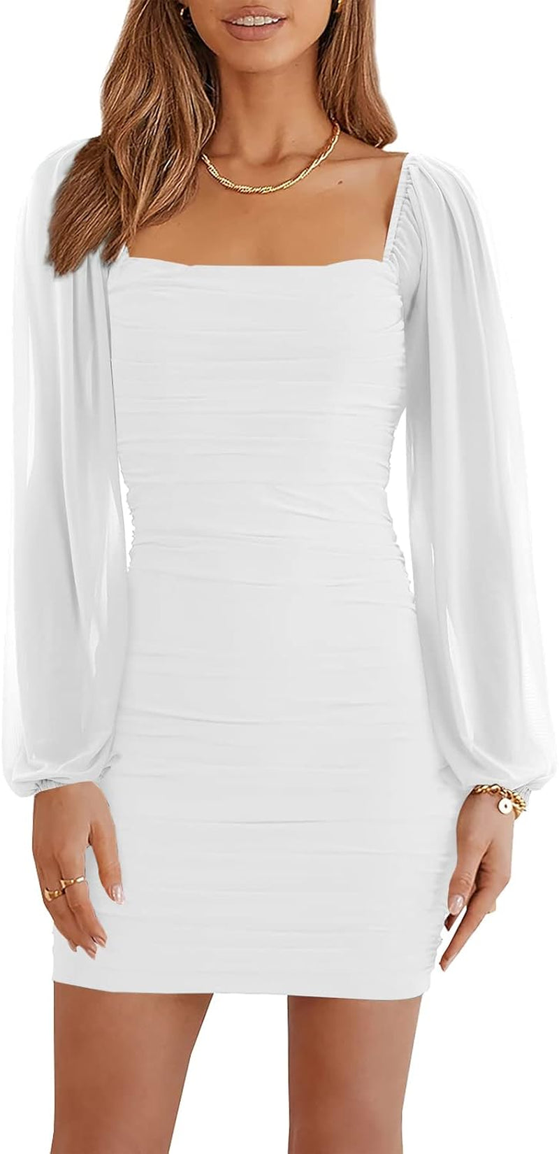 Women's Mesh Long Sleeve Ruched Dress