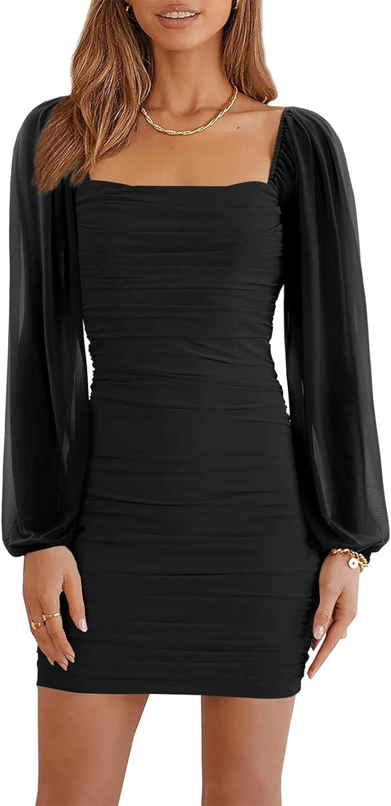 Women's Mesh Long Sleeve Ruched Dress