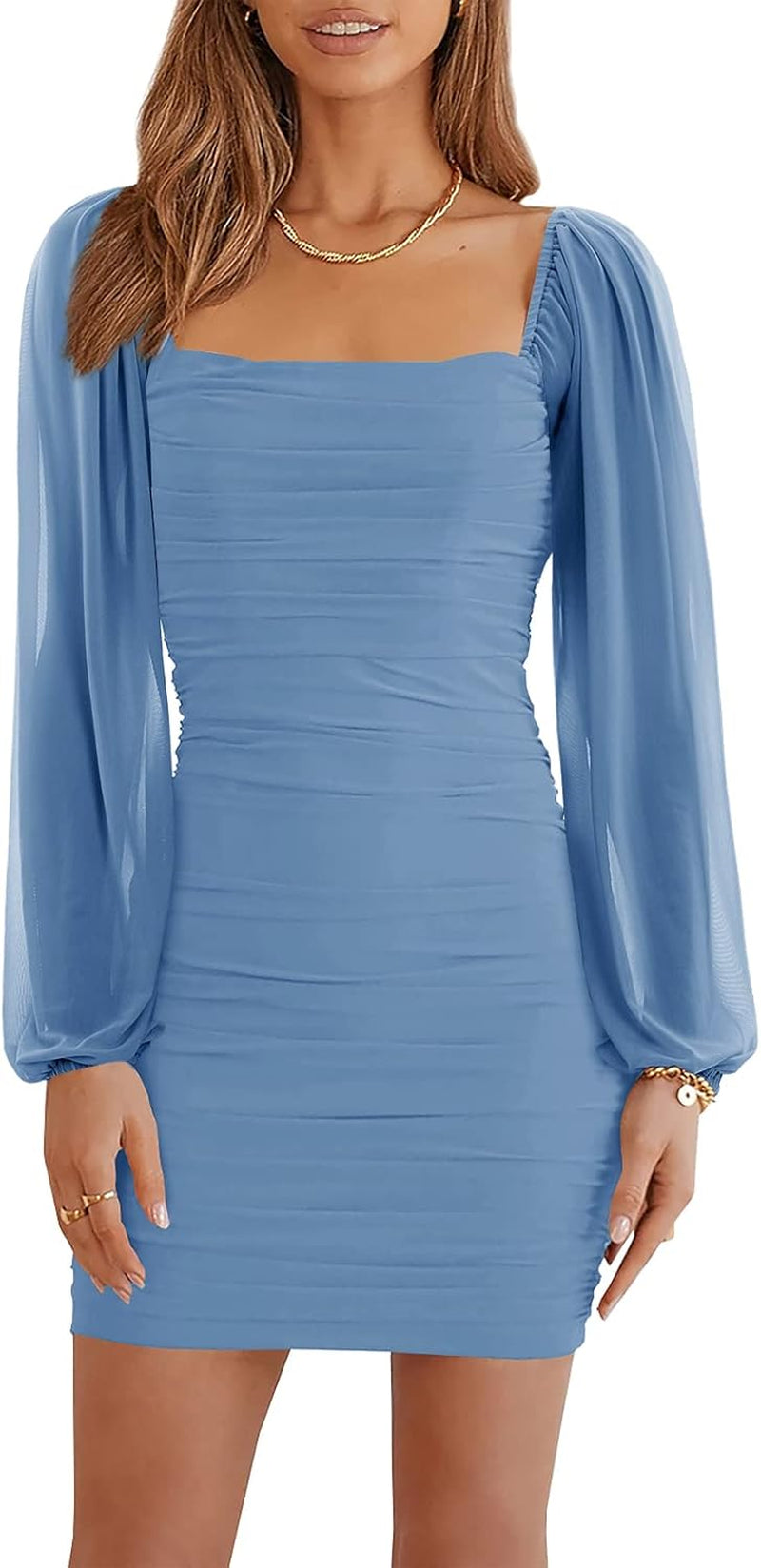 Women's Mesh Long Sleeve Ruched Dress